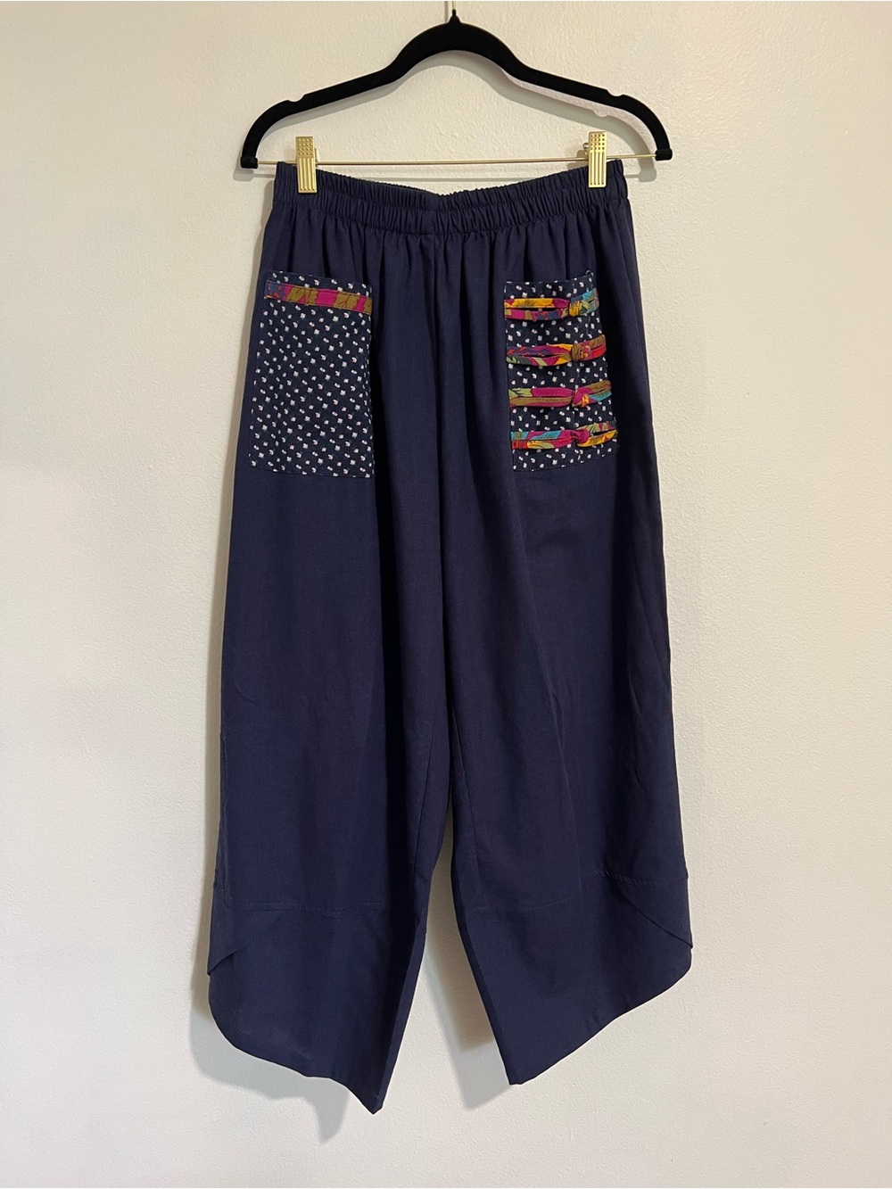 Cotton Pants, size L Navy Wide-Leg with Patterned Patch Pockets